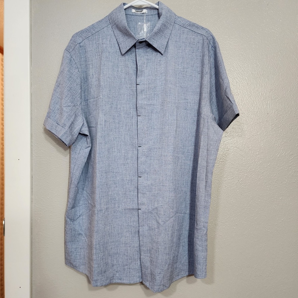 Coofandy Shirt Men's Size XL Blue Short Sleeve Linen Blend Hiding Buttons